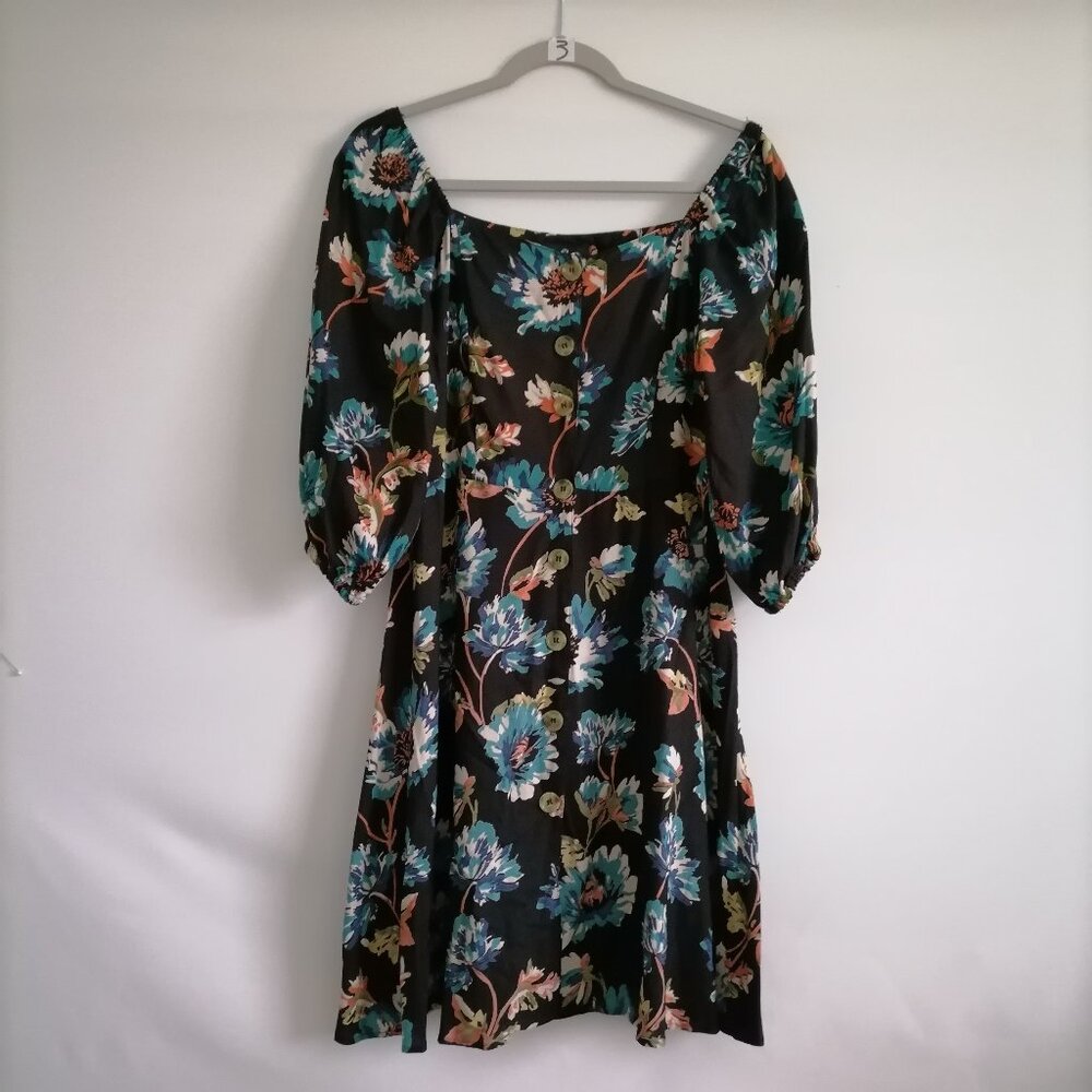 Angie Womens Black Balloon Sleeve Floral Print Peasant Fit & Flare Dress Size L